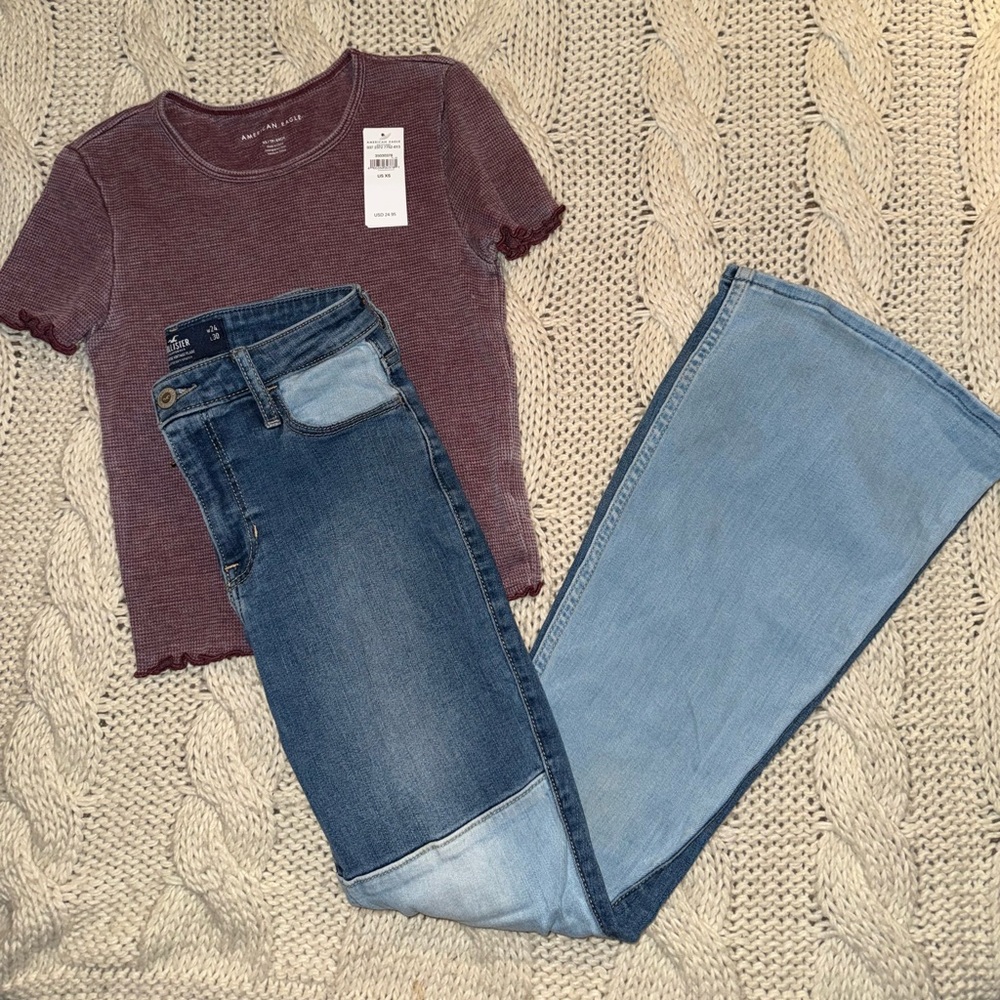 Hollister flare Stylish Blue‎ Denim Women's Jeans and shirt bundle XS & 0